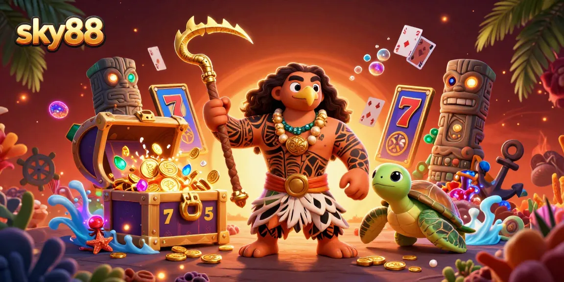 sky88 casino scene showcasing vibrant slot machines and Polynesian-themed characters amidst treasures.
