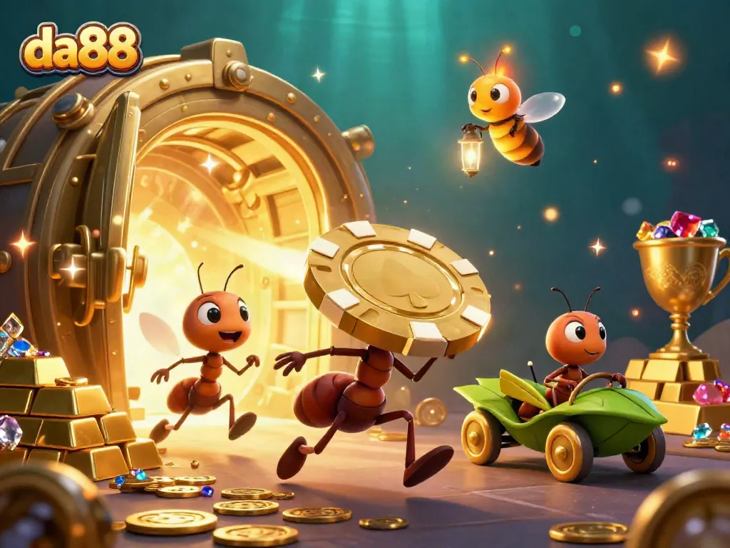 Engage in thrilling challenges with da88, as cartoon ants carry a massive golden poker chip through a treasure-filled tunnel.