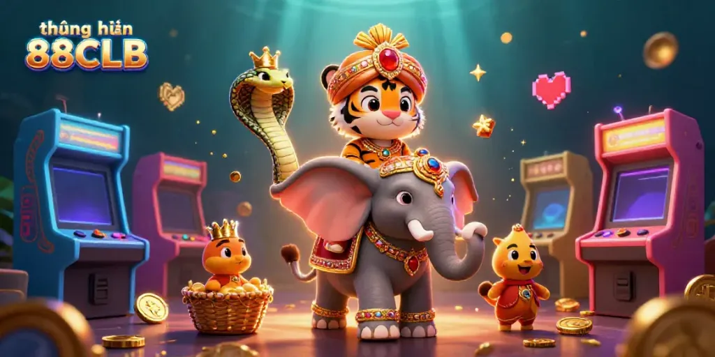 The thrilling scene of thương hiệu 88CLB showcases a majestic maharaja riding an elephant amidst vibrant casino arcade elements.