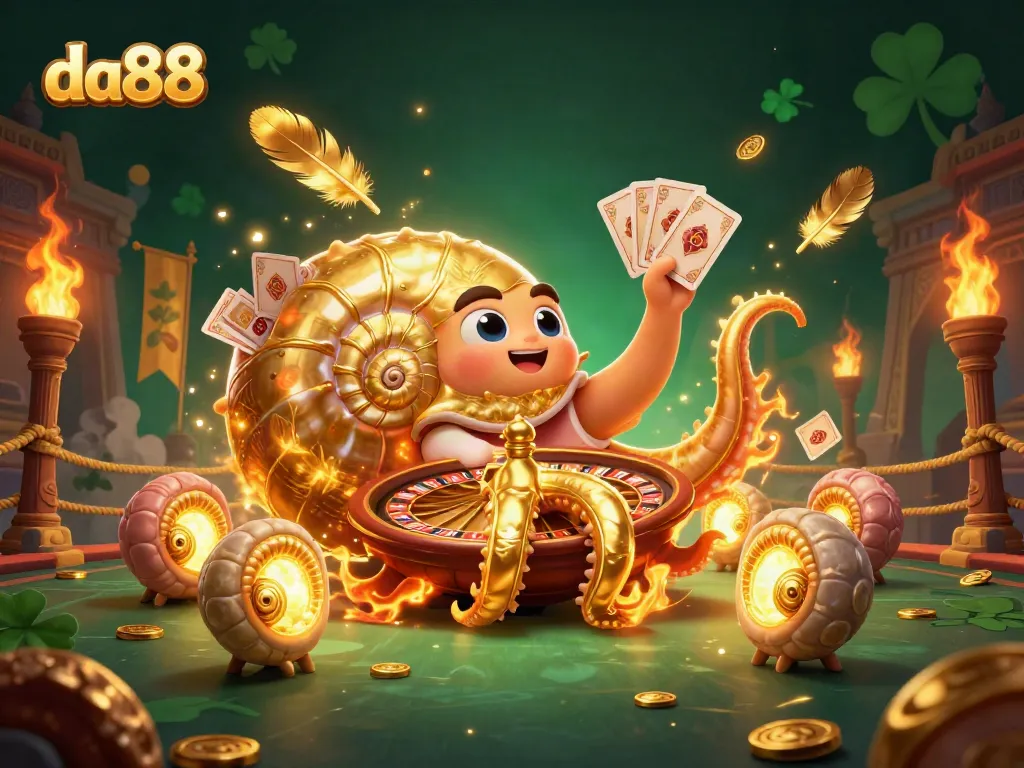 Engage in thrilling gameplay at da88 with a vibrant casino scene featuring a giant nautilus roulette wheel.