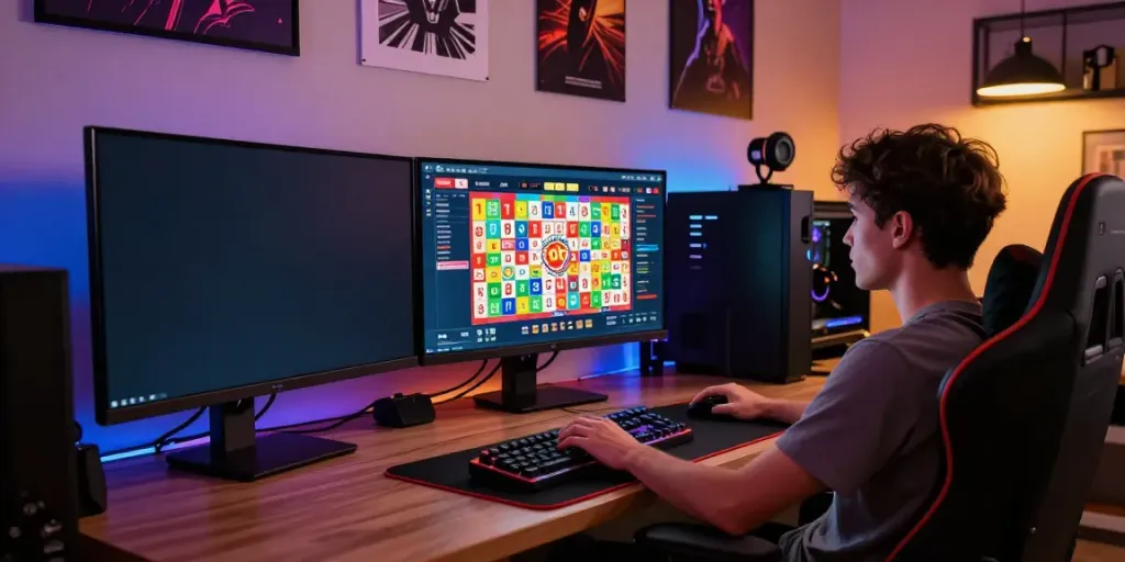 Gamer menggunakan SERIBUTOTO untuk bermain togel dengan antarmuka menarik dan pencahayaan LED berwarna.