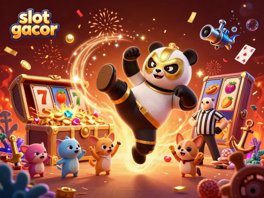 Experience the excitement of slot gacor with a vibrant 3D illustration of a lucha libre panda and animal spectators.