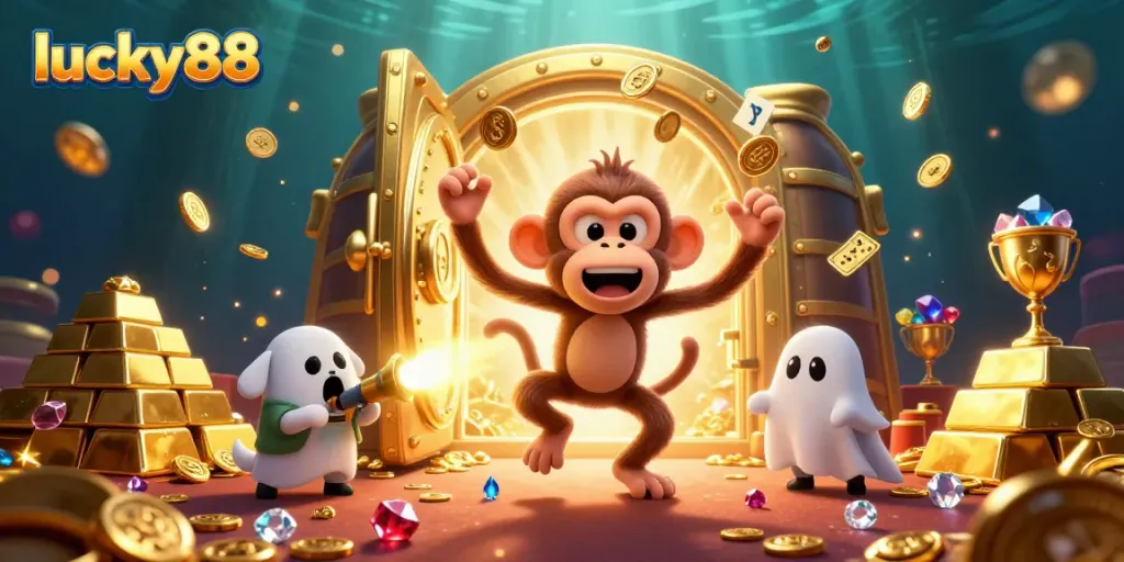 Engage at lucky88 with a playful ghost-hunter puppy and a mischievous monkey in a vibrant casino.