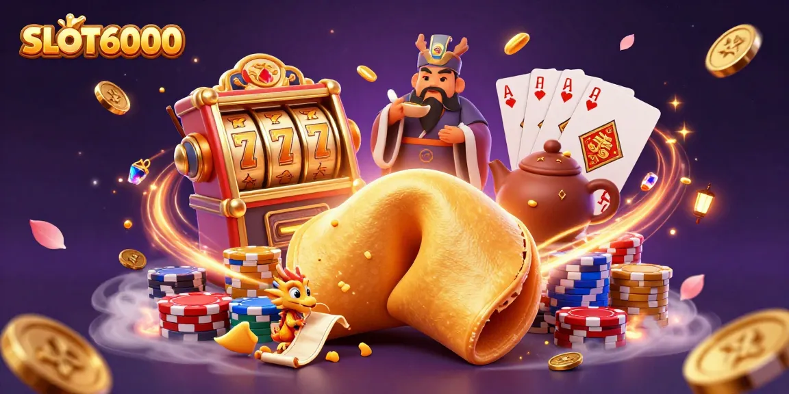 SLOT6000 spins into action with vibrant slot reels, coins, and a wise dragon fortune