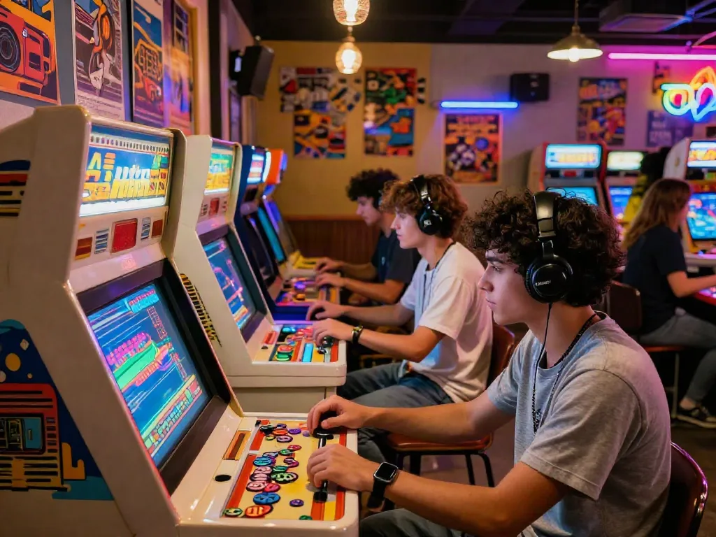 Experience nostalgia with pecah404 through classic arcade gaming in a vibrant lounge.