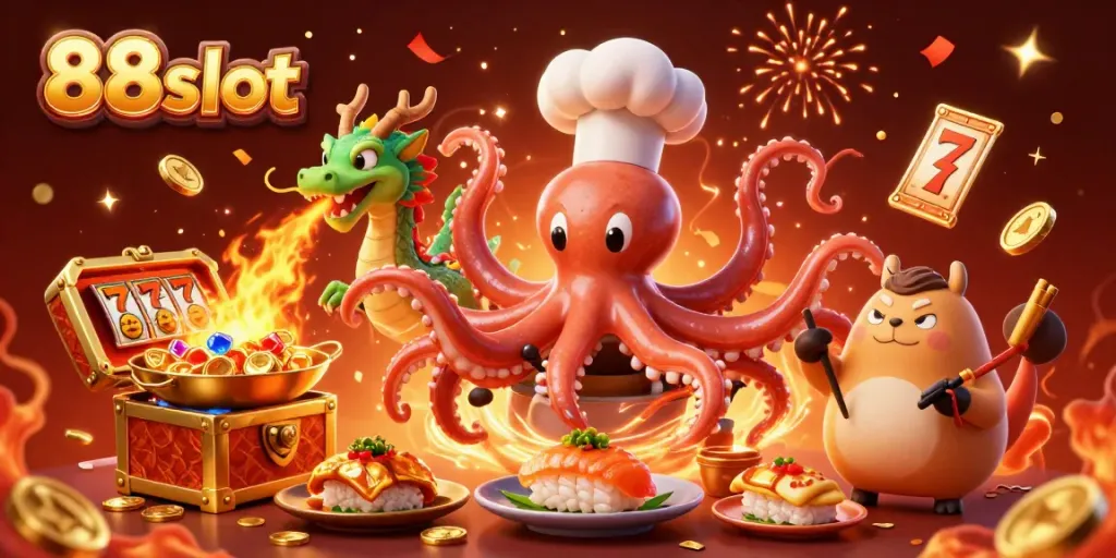 Play vibrant casino games at 88slot featuring an octopus chef and a fire-breathing dragon.