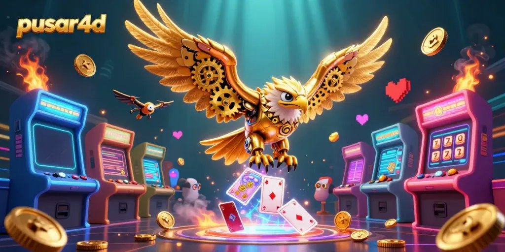 Experience the exhilarating world of pusar4d with a golden eagle soaring through vibrant gaming elements.