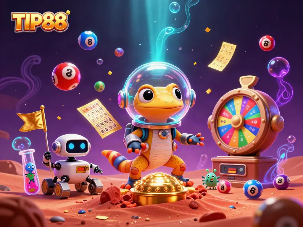 Engage in exciting gaming at TIP88 with a Martian gecko discovering a golden casino!