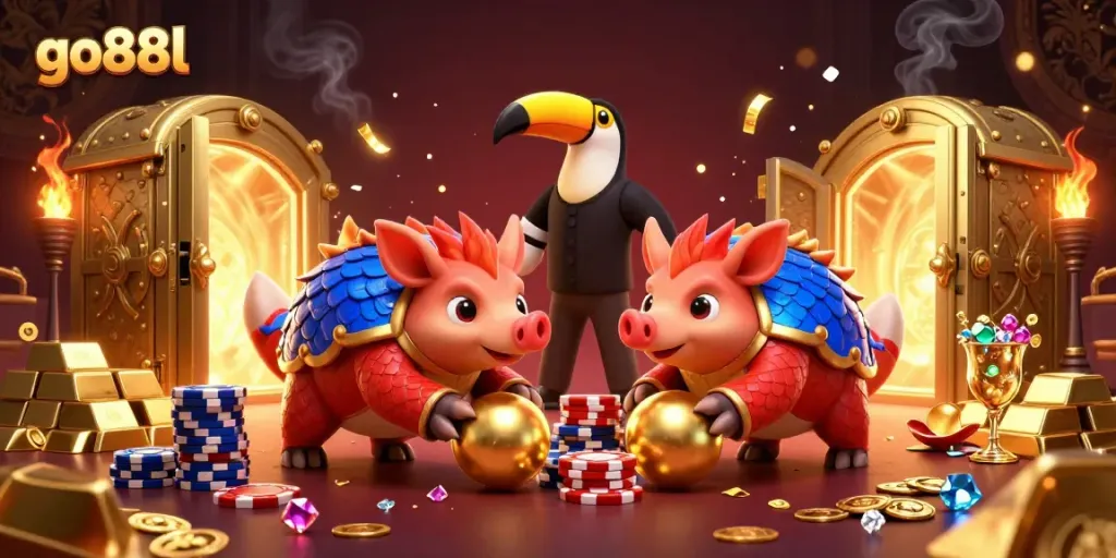 Engage in thrilling gameplay at go88l with dynamic pangolin rivals competing over poker chips in a luxurious casino scene.