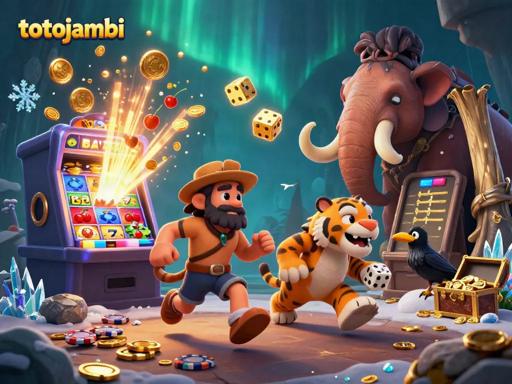 Experience thrilling jackpots at totojambi with vibrant scenes of prehistoric casino excitement.