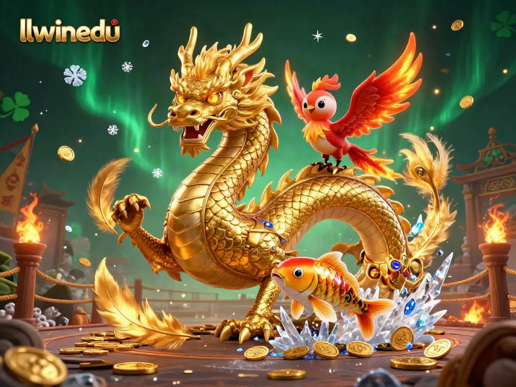 Experience vibrant thrill with llwinedu's 3D dragon, phoenix, and koi at a rich casino scene.