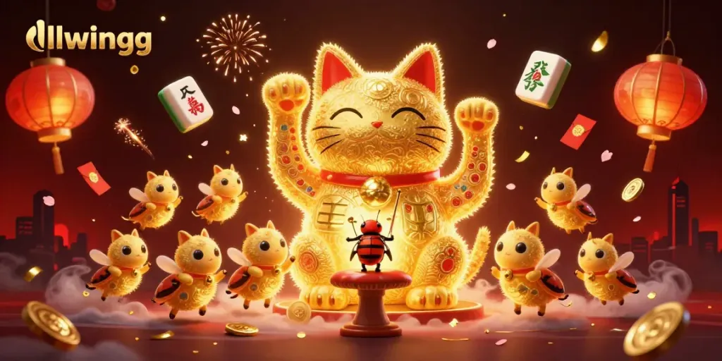Experience the vibrant energy of llwingg with this playful 3D rendering featuring lucky symbols and dynamic elements.