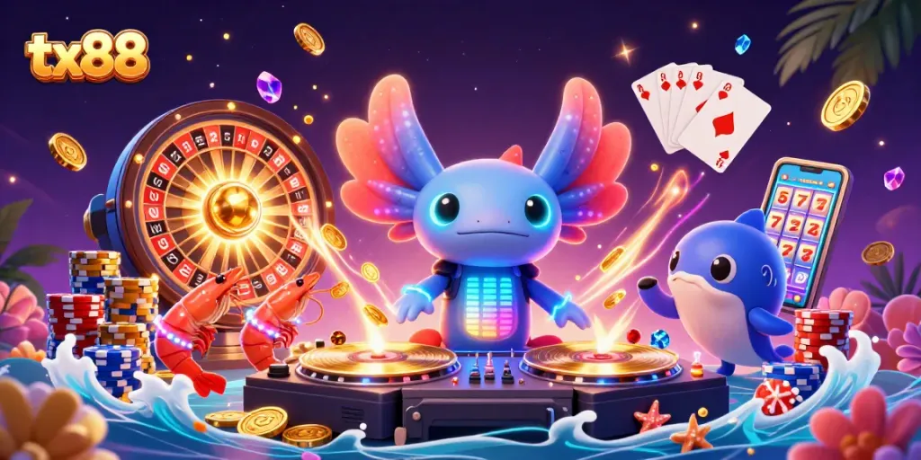 Experience the vibrant tx88 casino scene with a neon axolotl DJ, golden coins, and lively underwater characters.