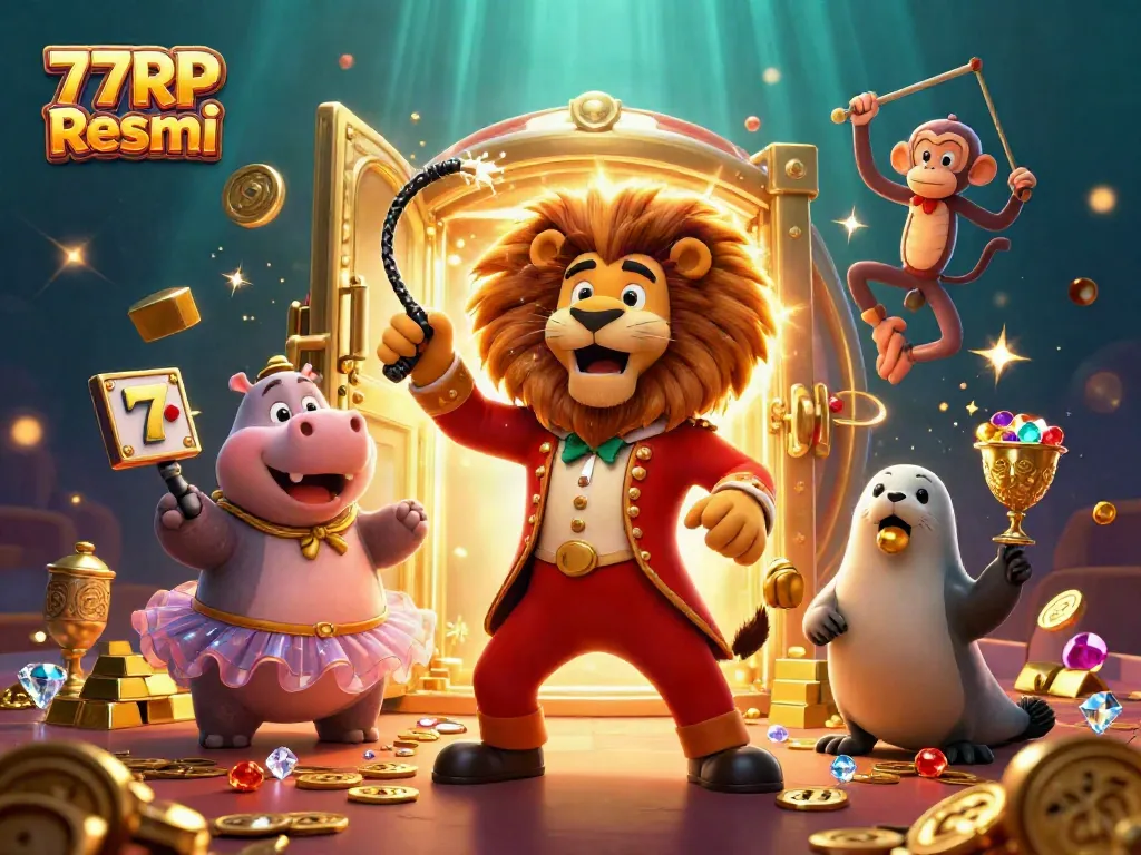 Experience the excitement of 77RP Resmi with a vibrant casino-themed illustration featuring engaging characters and dynamic elements.