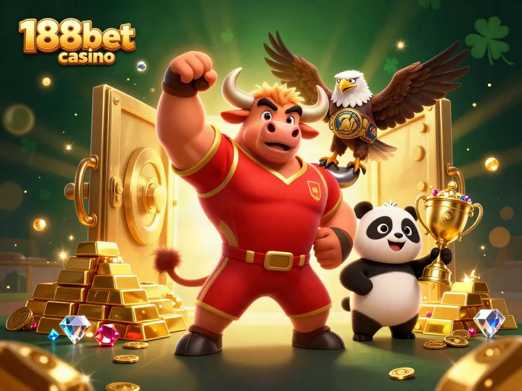 Experience the excitement of 188bet casino with a vibrant victory scene featuring dynamic characters and sparkling gold treasures.