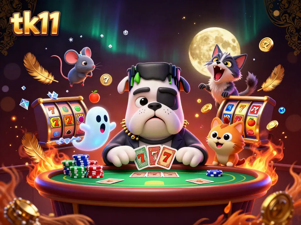 Engage in thrilling slot action with tk11 as a 3D Frankenstein bulldog dealer amidst gold and spooky elements.