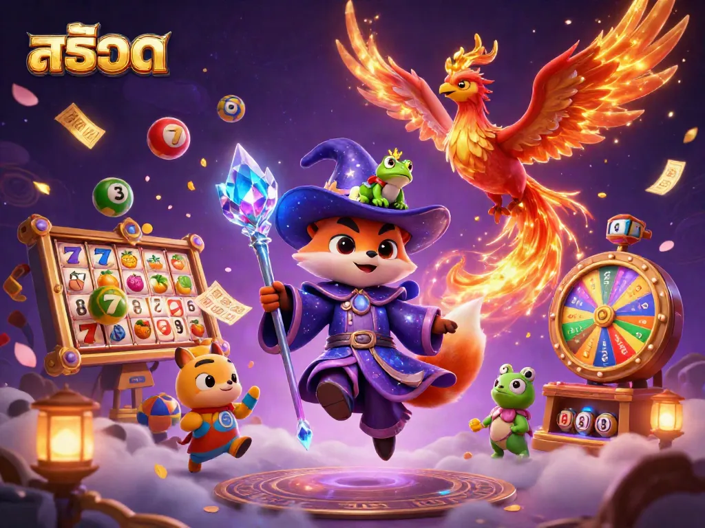 Engage with สล็อต excitement as a wizard fox, phoenix, and frog celebrate wins in glamorous casino style.