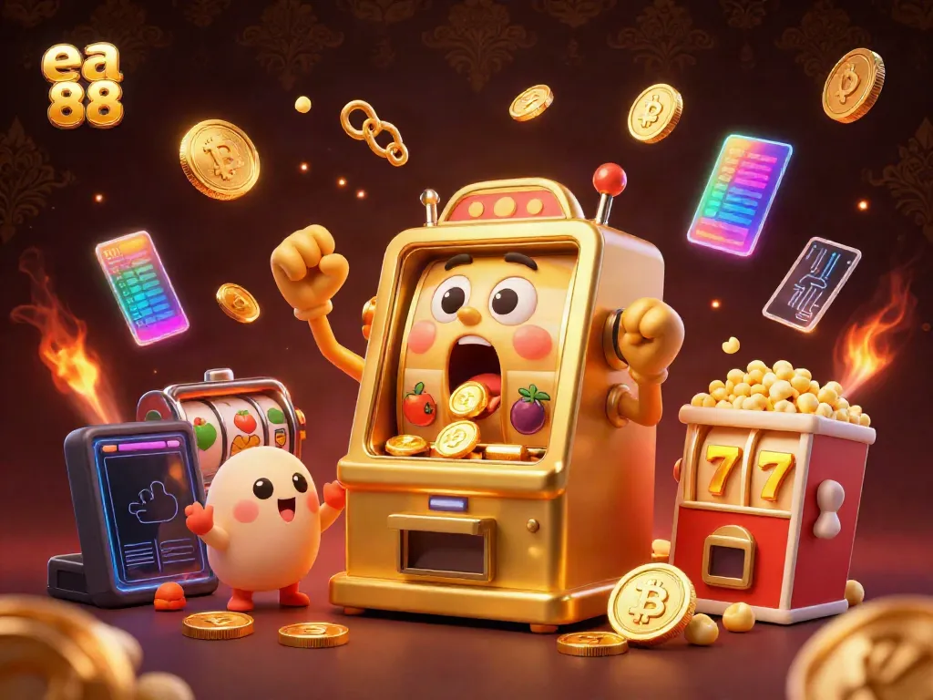 Experience the excitement of ea 88 with a golden slot machine hitting a jackpot amidst vibrant casino elements.