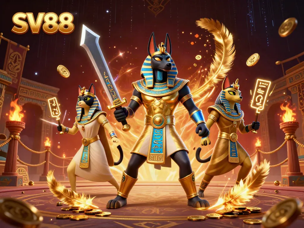 Experience thrilling SV88 gaming with Anubis and Bastet in an epic casino scene.
