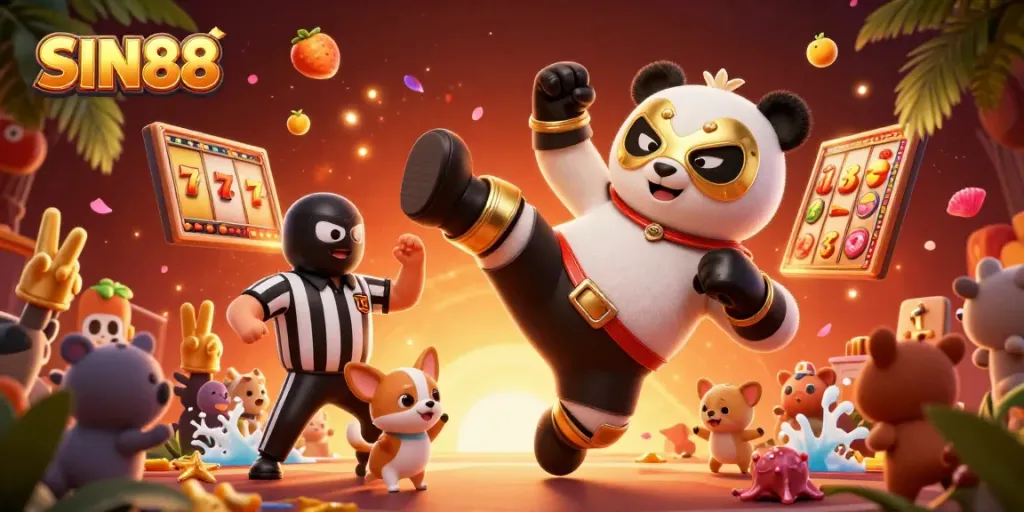SIN88 showcases exciting slot gaming action with a panda and referee in a lively scene filled with gold.