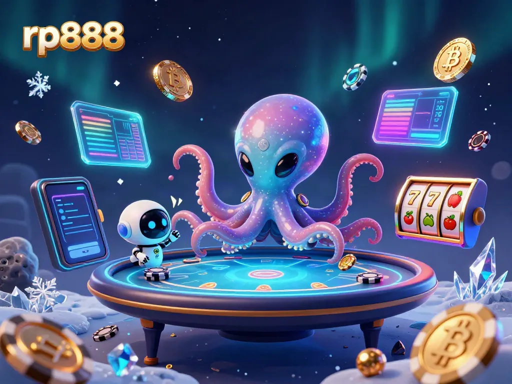 Engage with rp888's thrilling casino experience featuring a vibrant alien octopus and holographic elements.