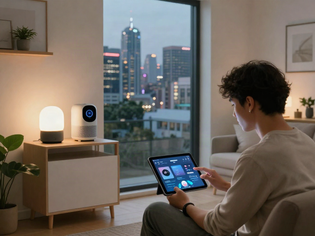 Person interacting with ai 18+ smart home technology in a modern living space.