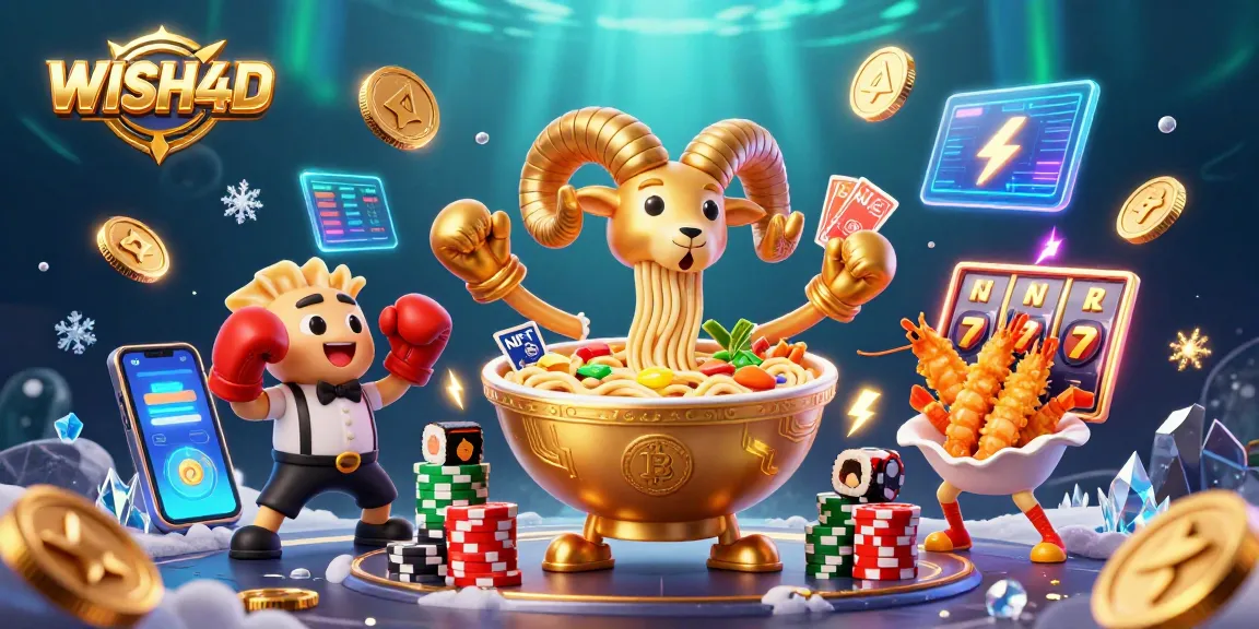 Experience the excitement of WISH4D with a playful 3D casino scene featuring vibrant characters and crypto elements.