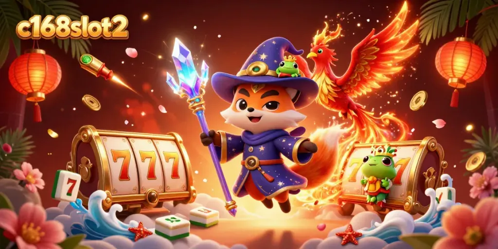 Experience thrilling gameplay at c168slot2 with a mystical 3D illustration depicting an enchanting wizard fox and fiery phoenix.
