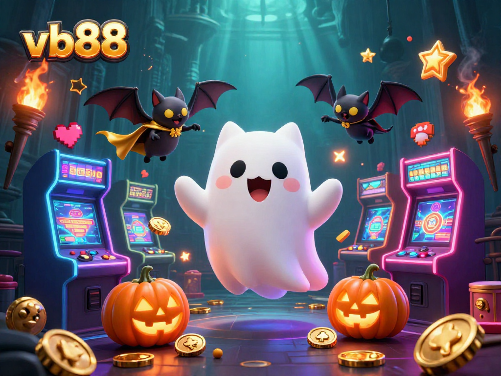 Experience the thrill of vb88 with a floating ghost cat and glowing casino elements in a haunted mansion.