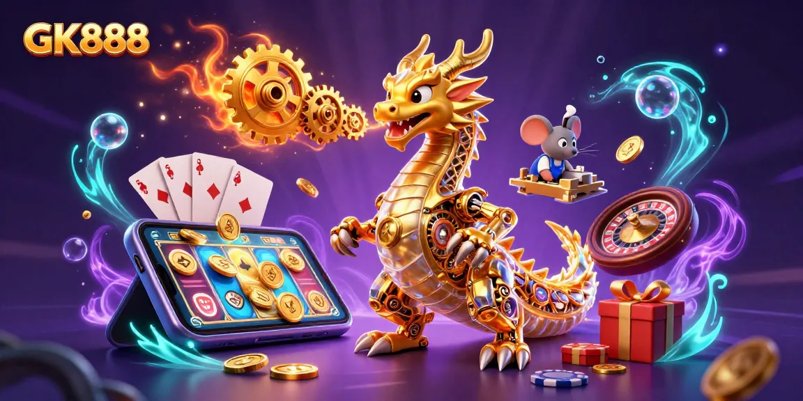 Engage with GK888's thrilling gaming experience featuring a biomechanical dragon and dynamic slot elements.