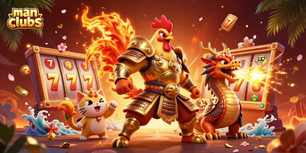 Experience thrilling action at manclubs with a dynamic illustration of exciting casino elements and characters.