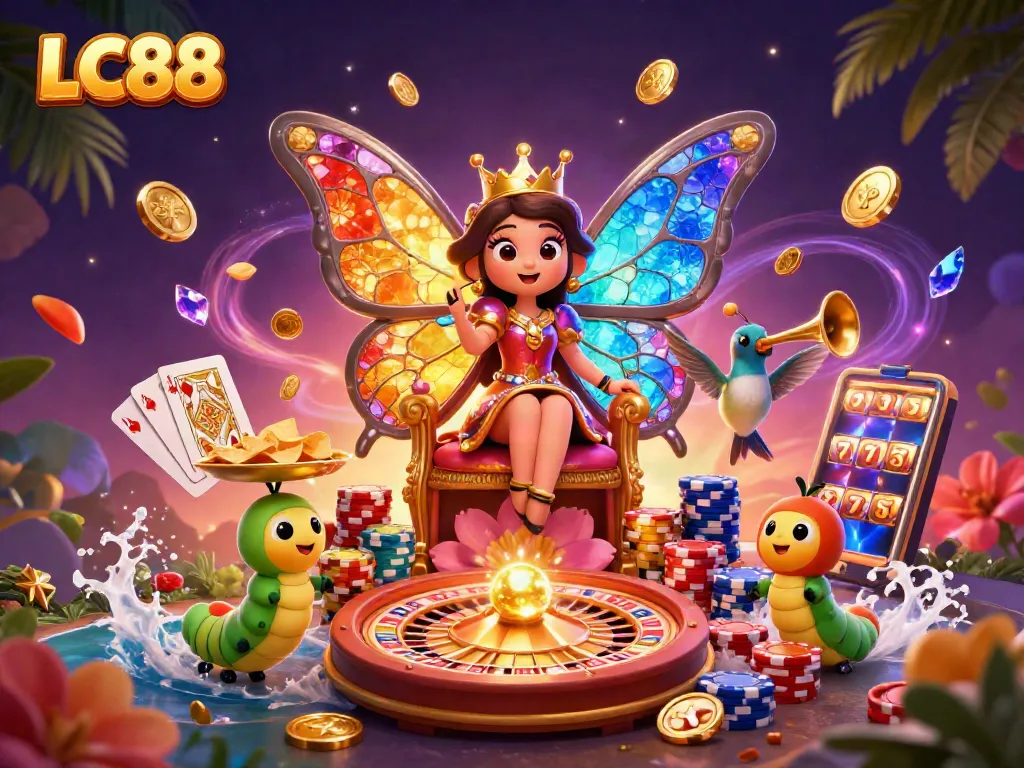 LC88 showcases a vibrant casino experience with a butterfly queen and casino elements.