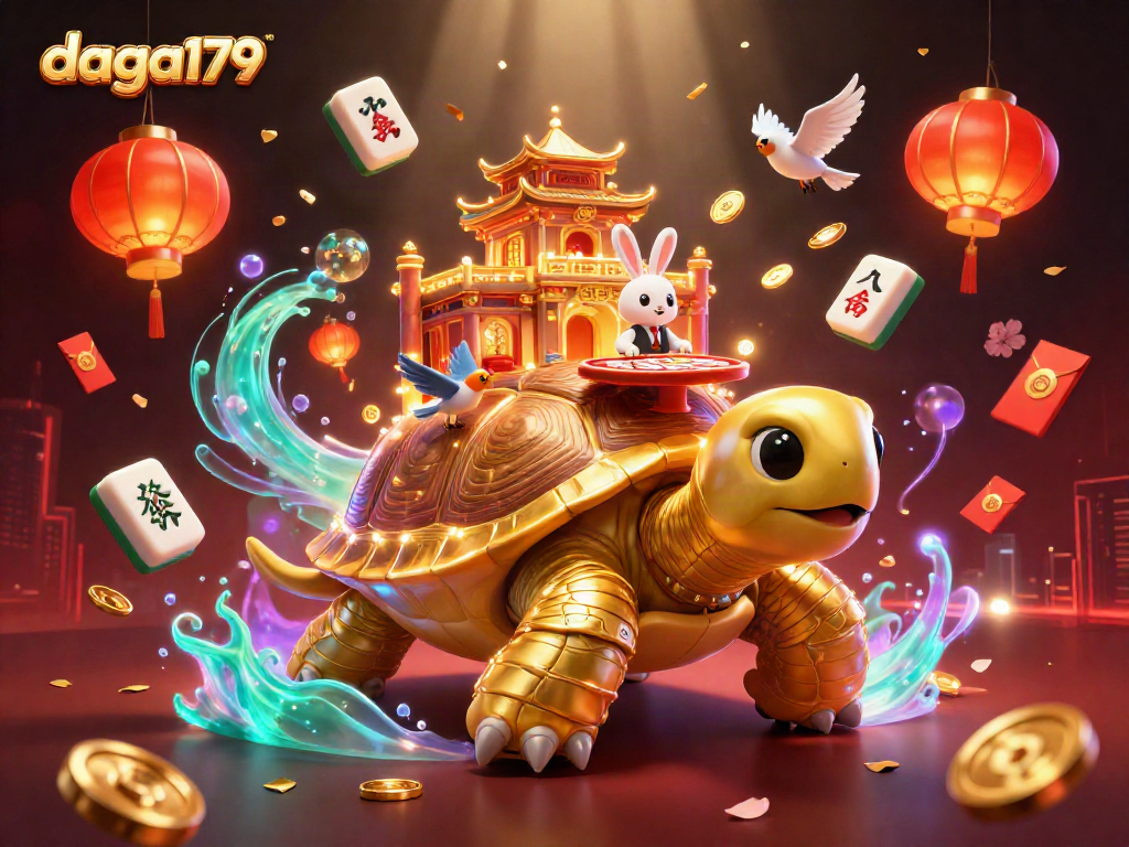 Join the excitement of daga179 with a vibrant 3D cartoon illustration of a golden tortoise casino scene.