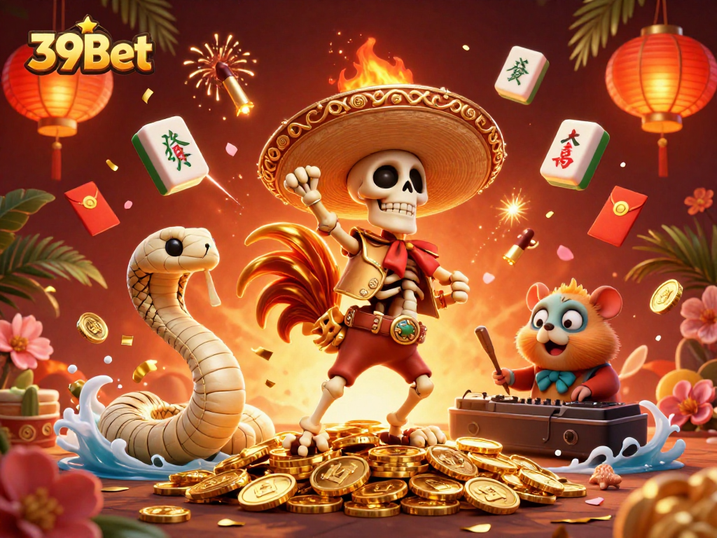 Experience the thrill of winning at 39Bet with a vibrant casino scene featuring dynamic characters and festive elements.