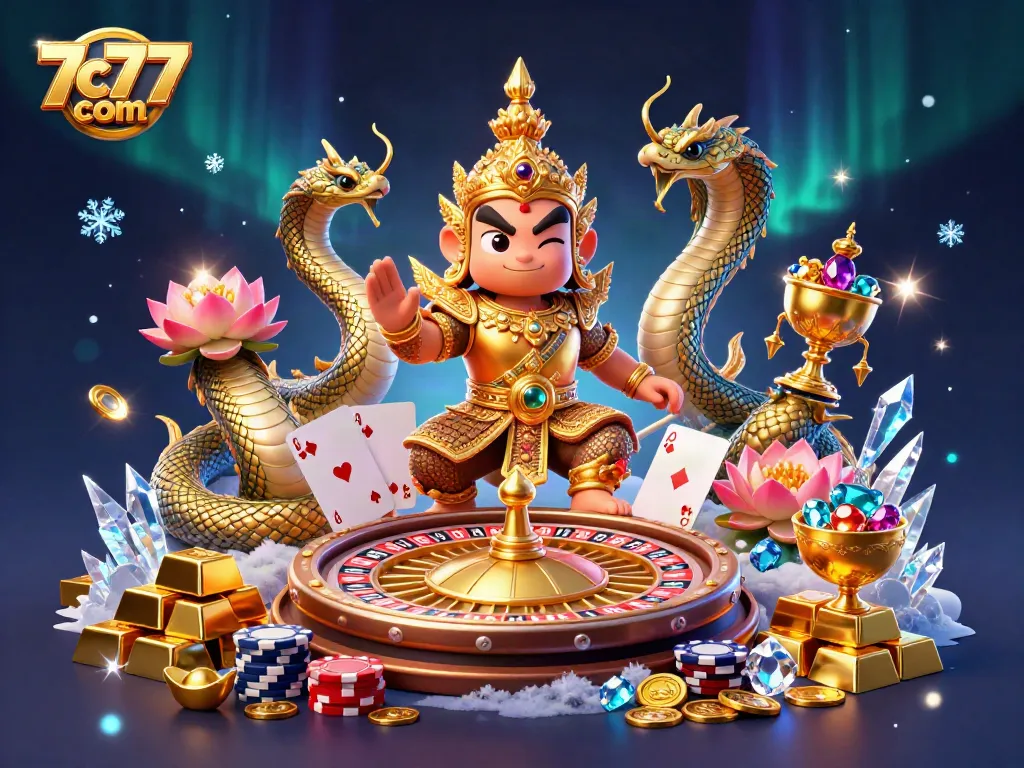 Experience thrilling games like slots and poker at 7c77 com with golden treasure in a vivid casino scene.