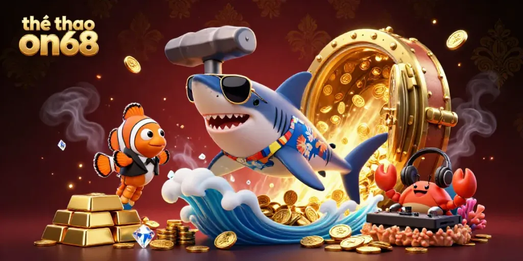 Experience the thrill with thể thao on68, featuring a shark on gold coins, gems, and vibrant casino elements.