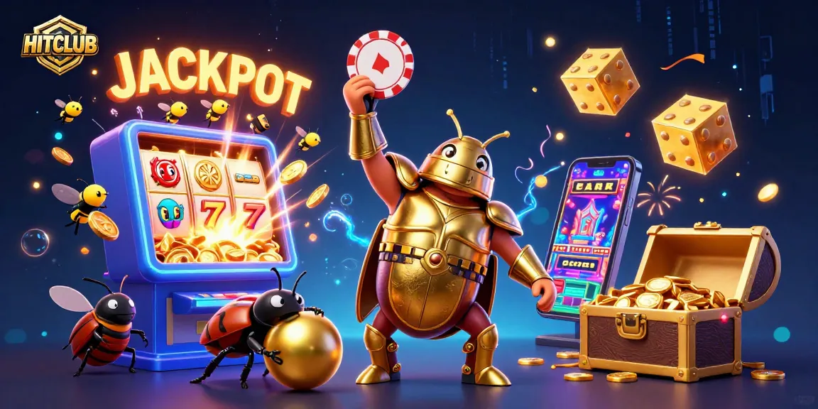 HITCLUB showcases a victorious cartoon beetle celebrating a jackpot with vibrant casino elements around it.