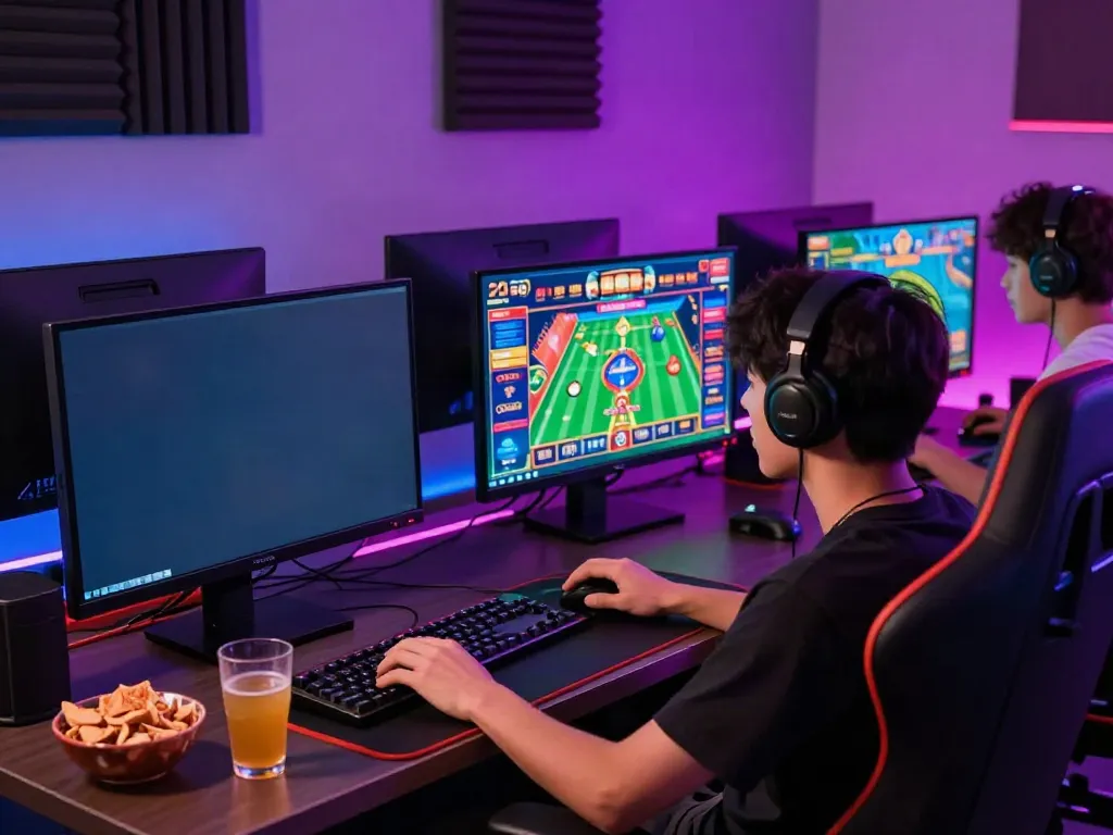 Player immersed in the cổng game man88 with colorful casino graphics and snacks in a modern gaming setup.