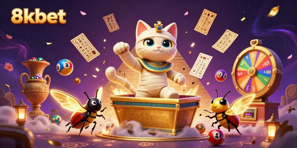 Engage with 8xbet's thrill through a vibrant pyramid casino scene featuring a lively mummy cat and scarab.