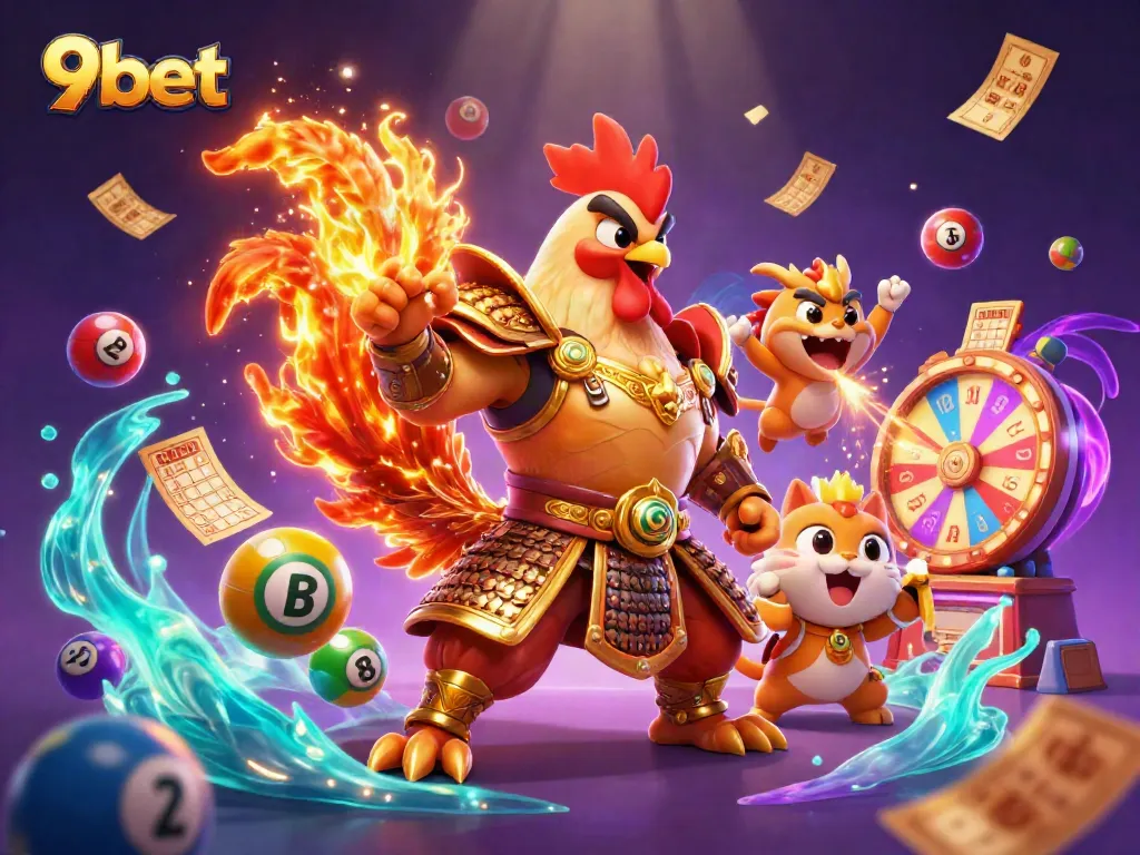 Experience exciting gameplay with 9bet's action-packed scene featuring a rooster warrior and dragon hatchling.