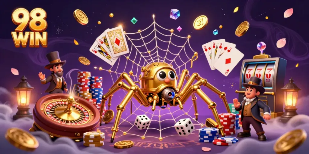 Experience thrilling gameplay with 98 WIN, featuring a golden steampunk spider and vibrant casino elements.
