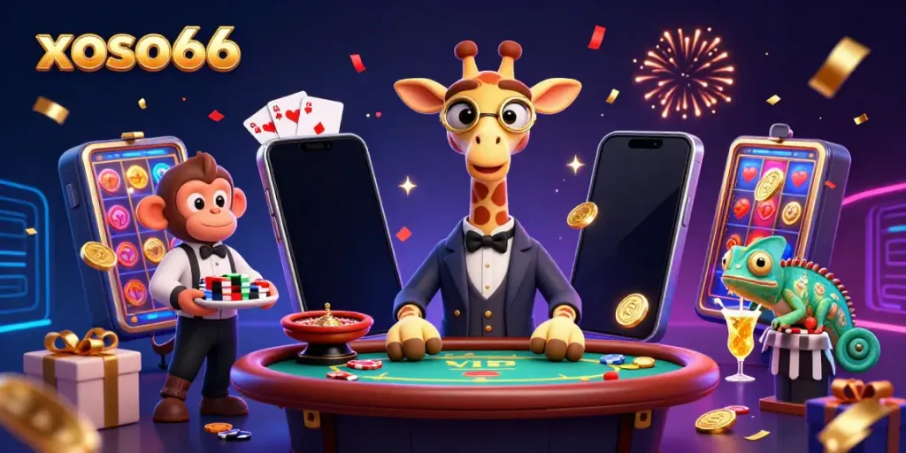 Experience the allure of xoso66 with a vibrant 3D scene featuring a high-roller giraffe, lively monkey valet, and a chameleon bartender amidst dynamic casino elements.