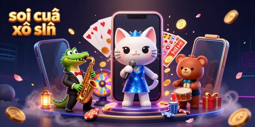 Experience the excitement of soi cầu xổ số with cartoon characters enjoying a vibrant casino setting.
