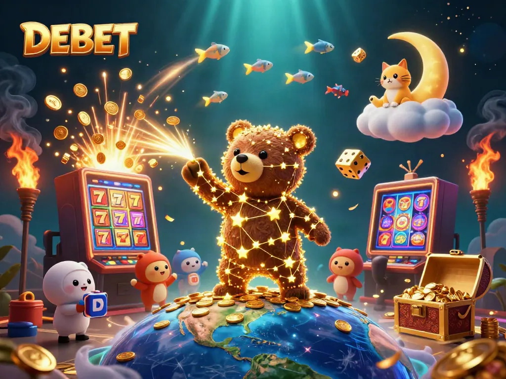 Experience the magic of DEBET, where a constellation bear collects coins amidst a dazzling casino scene.
