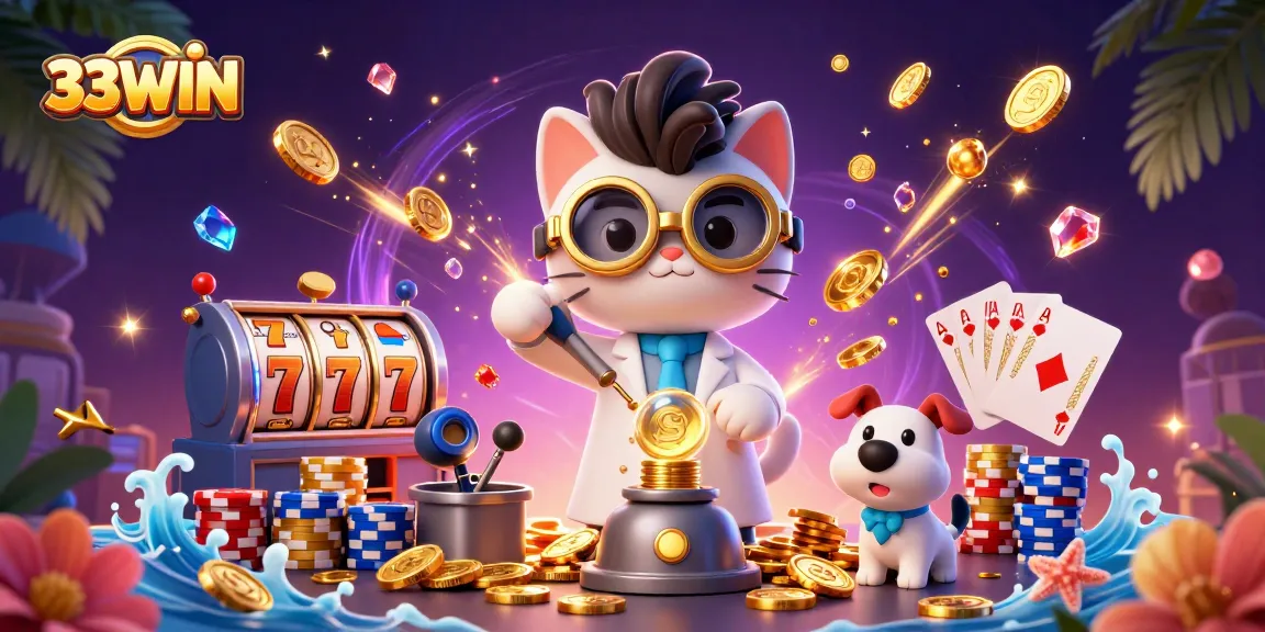 33WIN showcases exciting casino fun with a mad scientist cat and dog in a vibrant slot machine lab