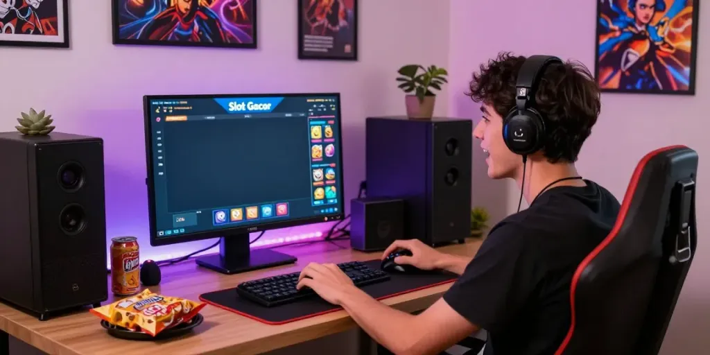 Player enjoying Slot gacor games on smartphone in a vibrant gaming setup.