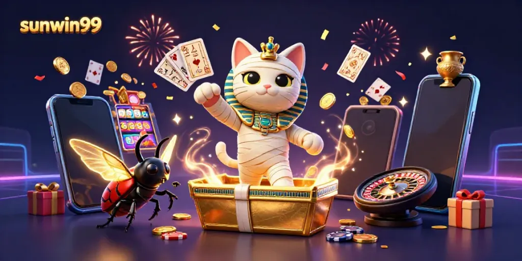Experience the excitement of sunwin99 with vibrant casino-themed 3D art featuring a mummy cat and scarab.