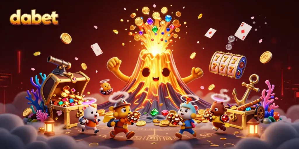 Join dabet's thrilling adventure as a volcano erupts coins, gems, and treasures in a vibrant casino world.