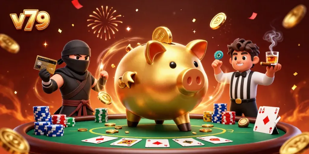Join the action at v79 with a playful scene of a sumo piggy bank, ninja adversary, and referee amidst poker chaos.