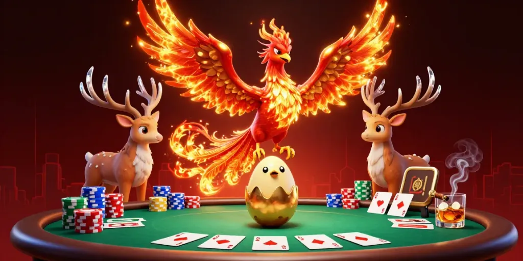Experience excitement with TA 88 as a fiery phoenix soars over a vibrant poker scene.